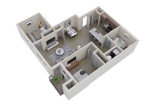 Floor plan for 2 beds, 1 bath, 895 sqft